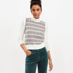 LOFT Geo Jacquard Ruffle Mock Neck Sweater Size Large NWT